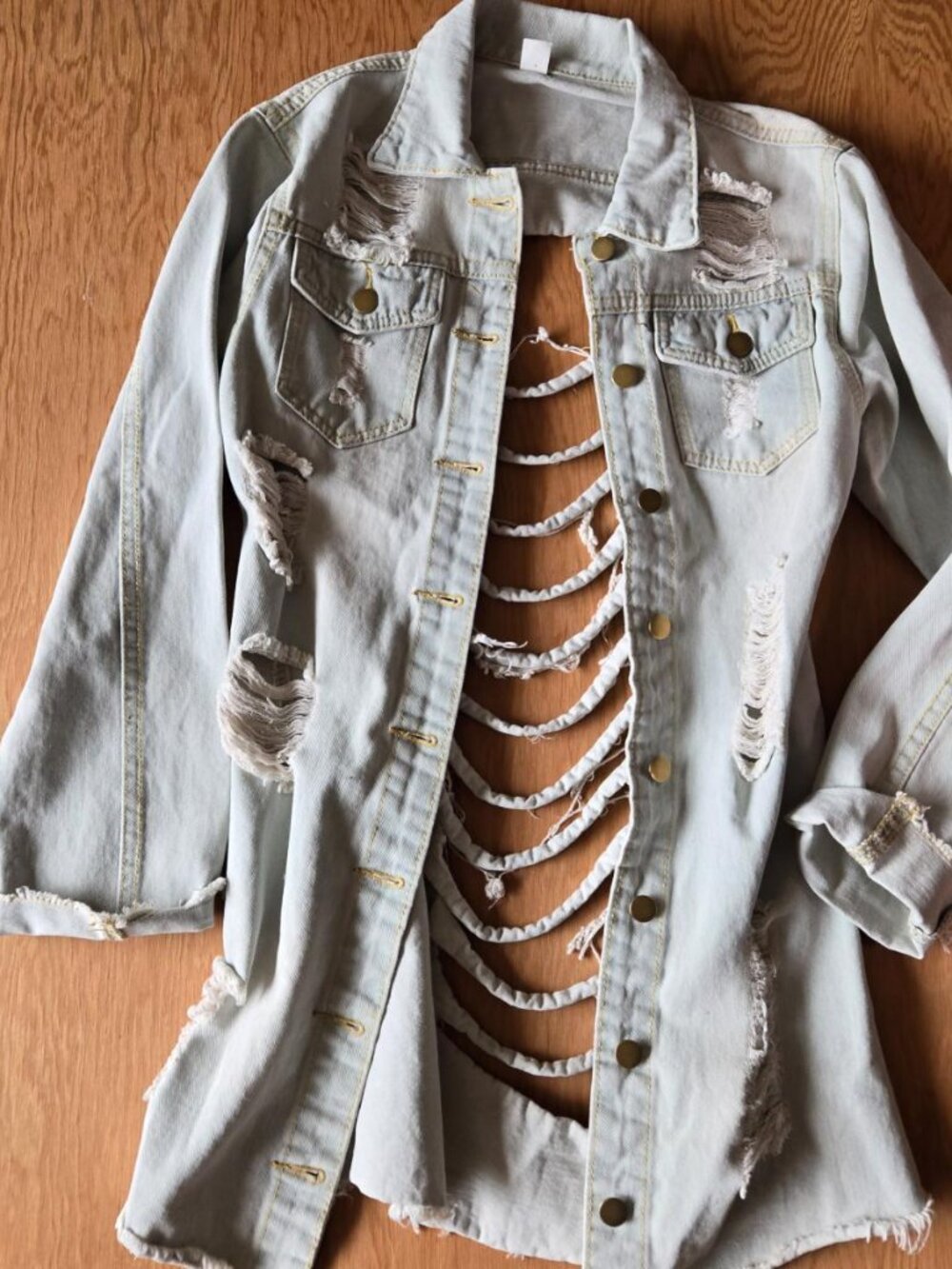 Unbranded Slashed Cut Out Back Distressed Denim Jacket Light Wash M